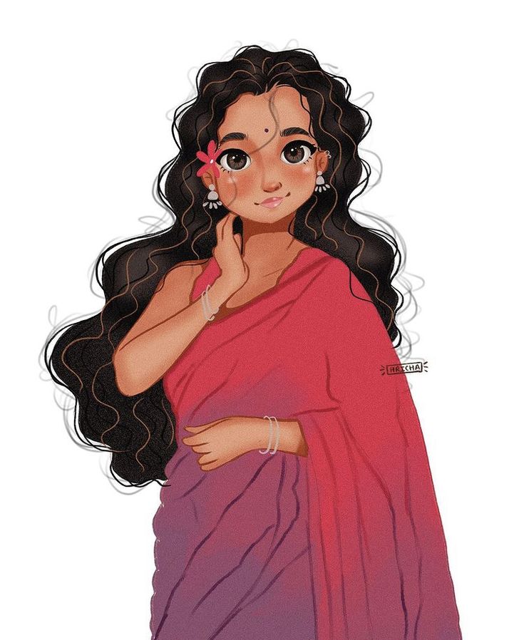 This may contain: a drawing of a woman with long hair wearing a pink sari and holding her hand to her face