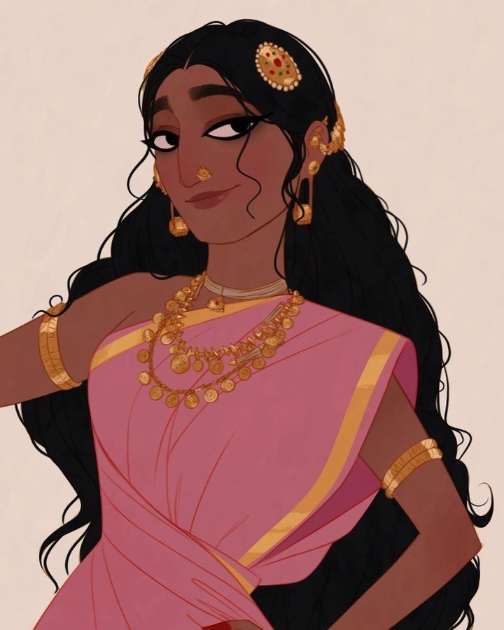 This may contain: a woman in a pink sari with gold jewelry on her neck and hands behind her back