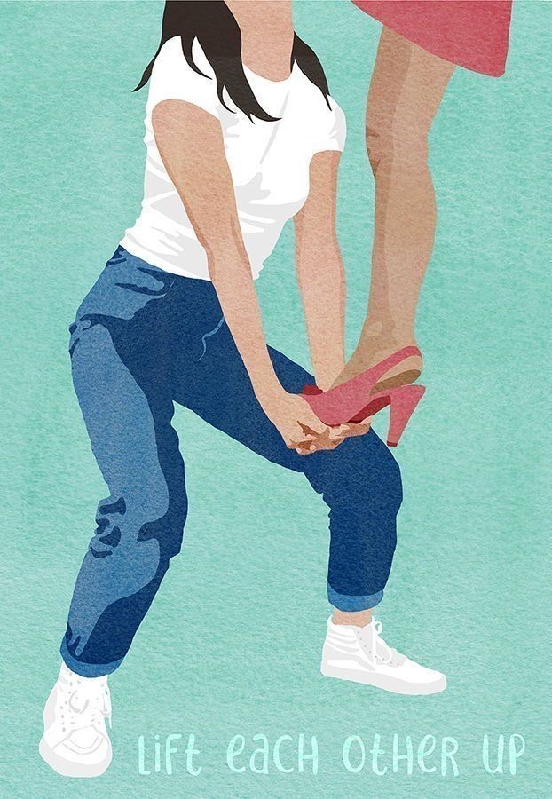 This may contain: a woman in white shirt and blue jeans holding red high heeled shoes with words above her