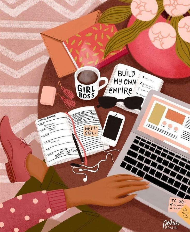 This may contain: a woman is sitting at a table with her laptop and other items on the desk