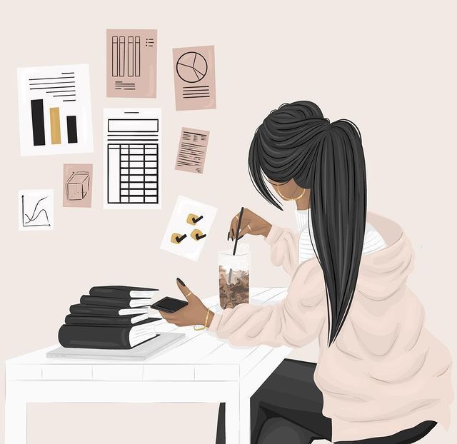 This may contain: a woman sitting at a desk with stacks of books and papers in front of her
