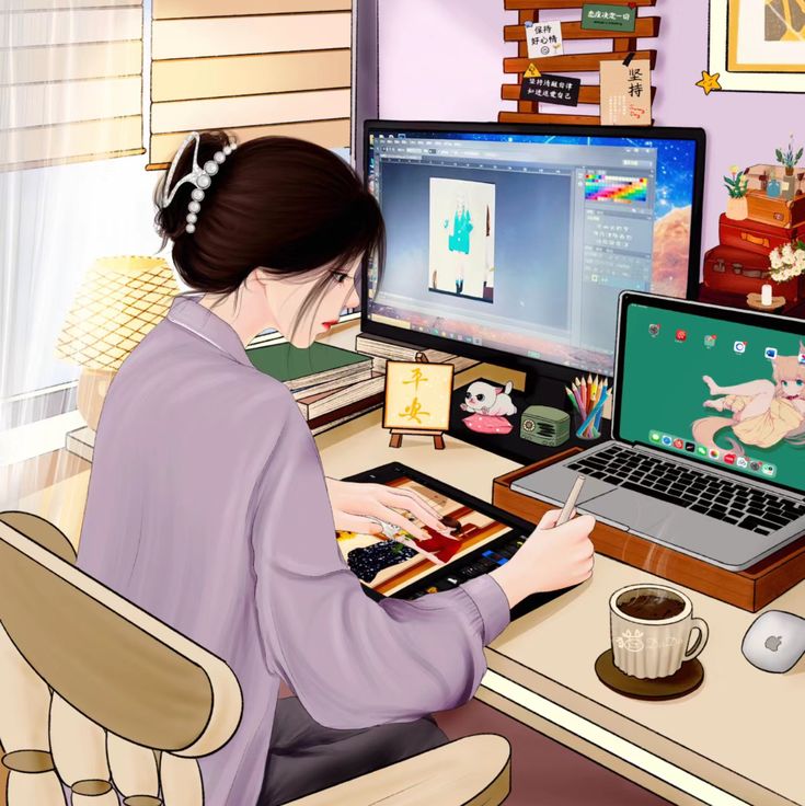 This may contain: a woman sitting in front of a laptop computer on top of a desk next to a monitor