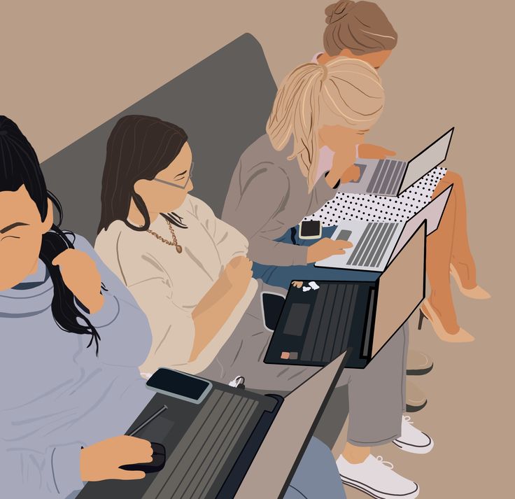 This may contain: three women sitting at a table with laptops and papers in their hands, one on her cell phone