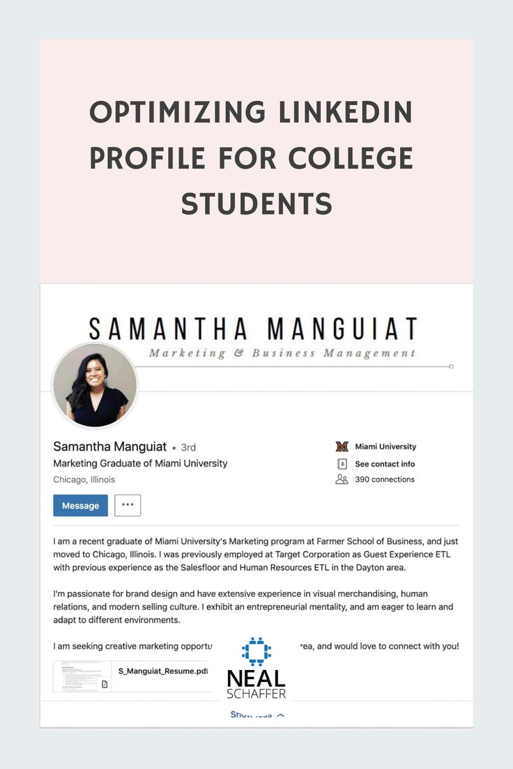 This may contain: a resume for students with the title optimizing linkedin profile for college students