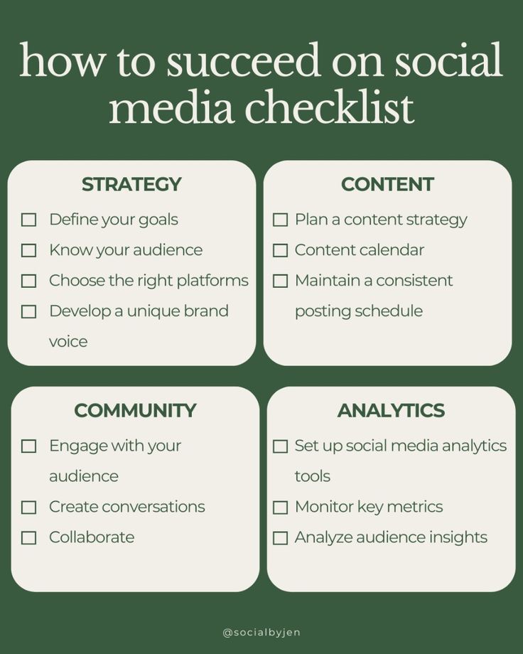 This may contain: a social media checklist with the words how to success on social media checklist