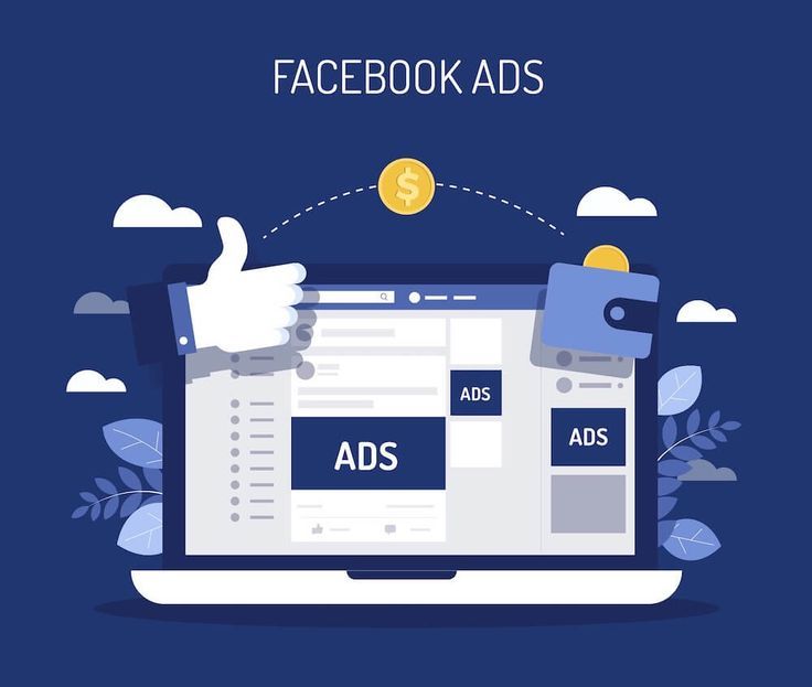 This may contain: facebook ads on a laptop screen with thumbs up and the words facebook ads above it