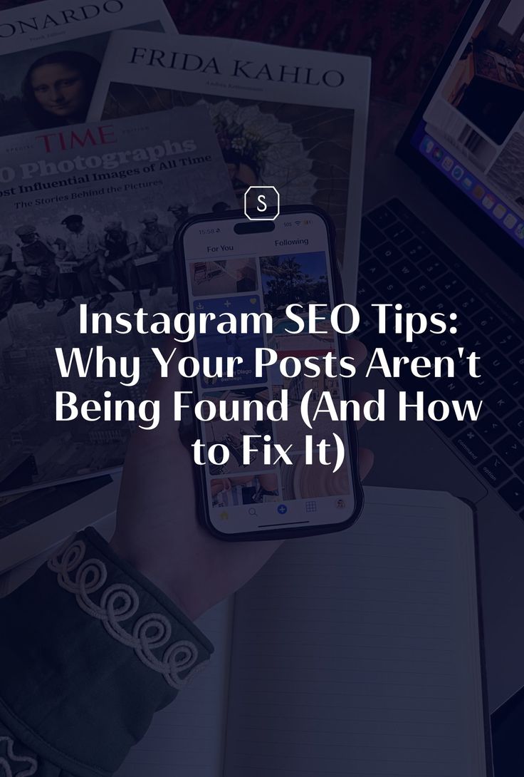 This may contain: someone holding their cell phone in front of a laptop with the text instagramm seo tips why your posts aren't being found and how to fix it