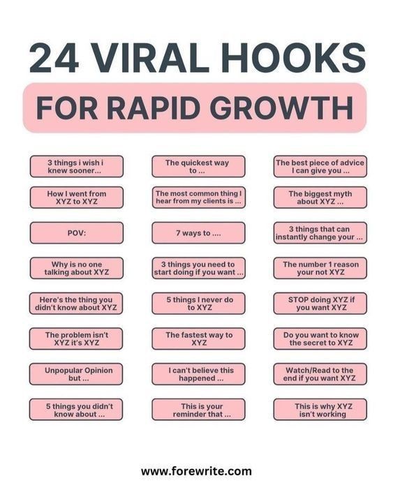 This may contain: the text 24 virtual hooks for rapid growth is shown in pink and black on a white background