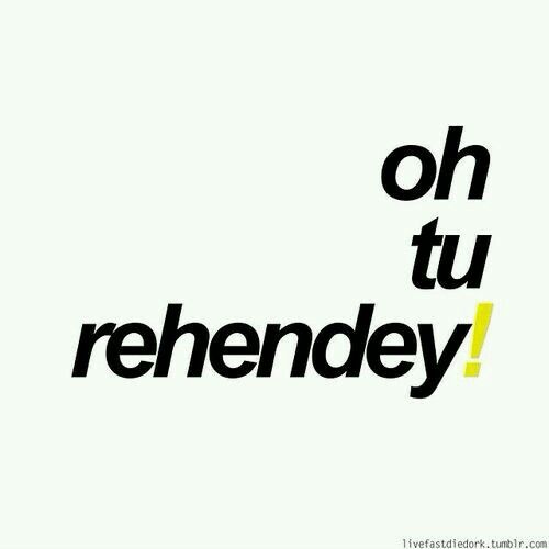 This may contain: the words oh tu rehendey written in black and yellow on a white background
