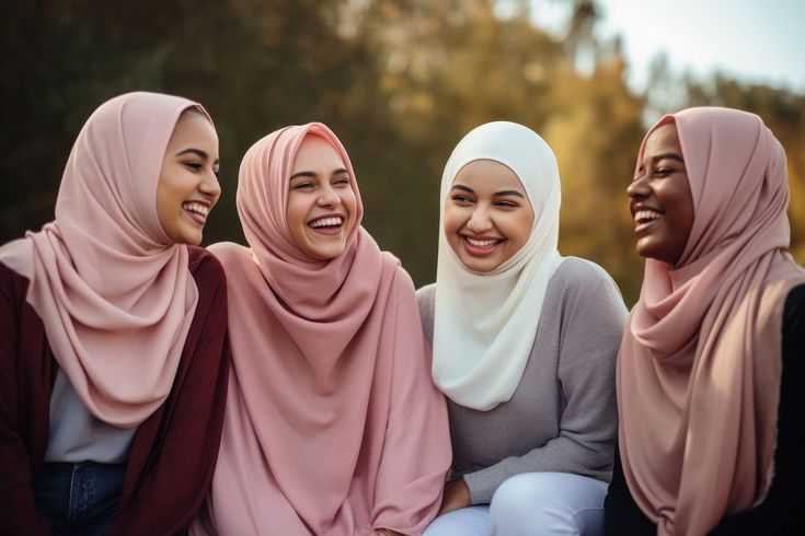 This may contain: three women in hijabs are smiling and posing for the camera while sitting on a bench